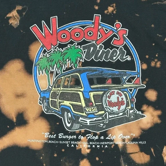 Woody’s Diner Bleach Tie-Dye Tee – Custom Streetwear Surf Vibe Size Medium - Picture 4 of 7